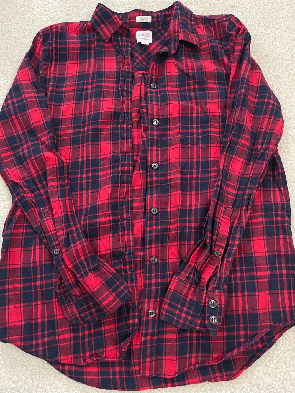 J.Crew Boy Fit 100% cotton Red and Navy plaid button down shirt Size small
